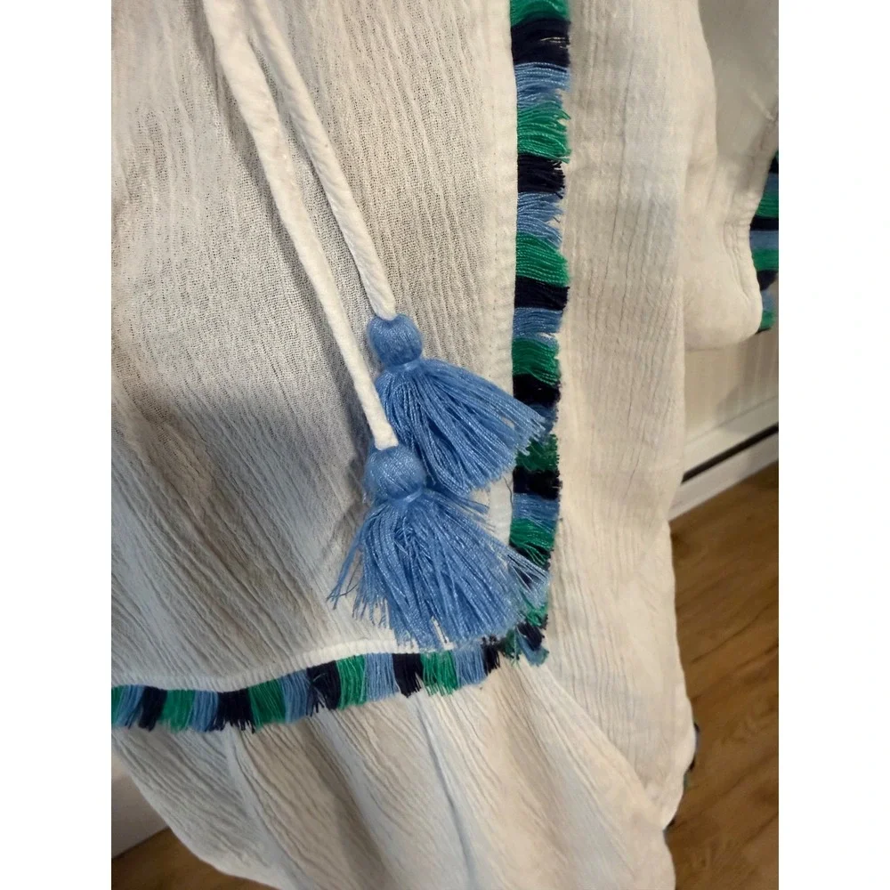 J. Crew Womens Small White Gauze Tassel Trim V-Neck Tunic Top Swim Coverup S